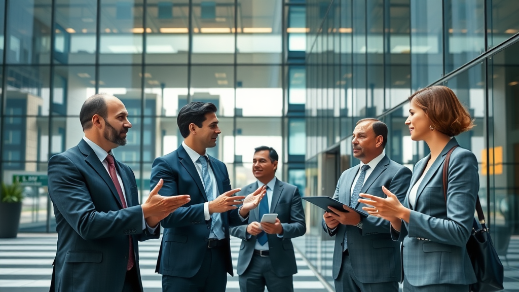 modern law office exterior with confident lawyers discussing lawyer branding through video strategy, glass building courtyard, cityscape background