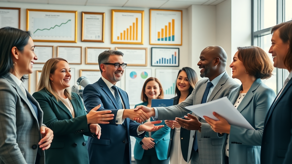 successful law firm team celebrating client growth results, legal marketing case studies
