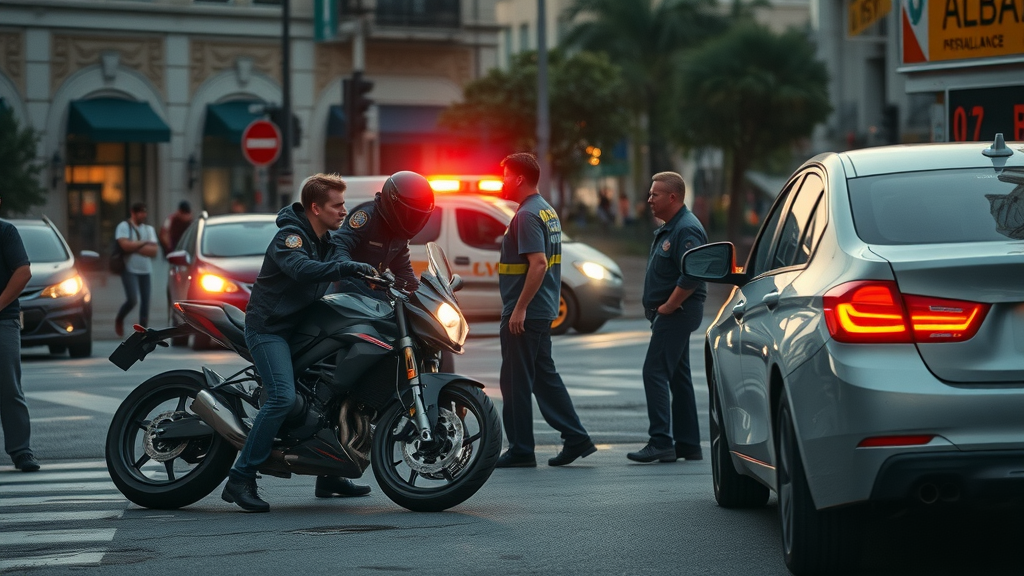 Motorcycle accident attorney assists at gritty urban intersection after serious motorcycle accident with damaged car and emergency responders