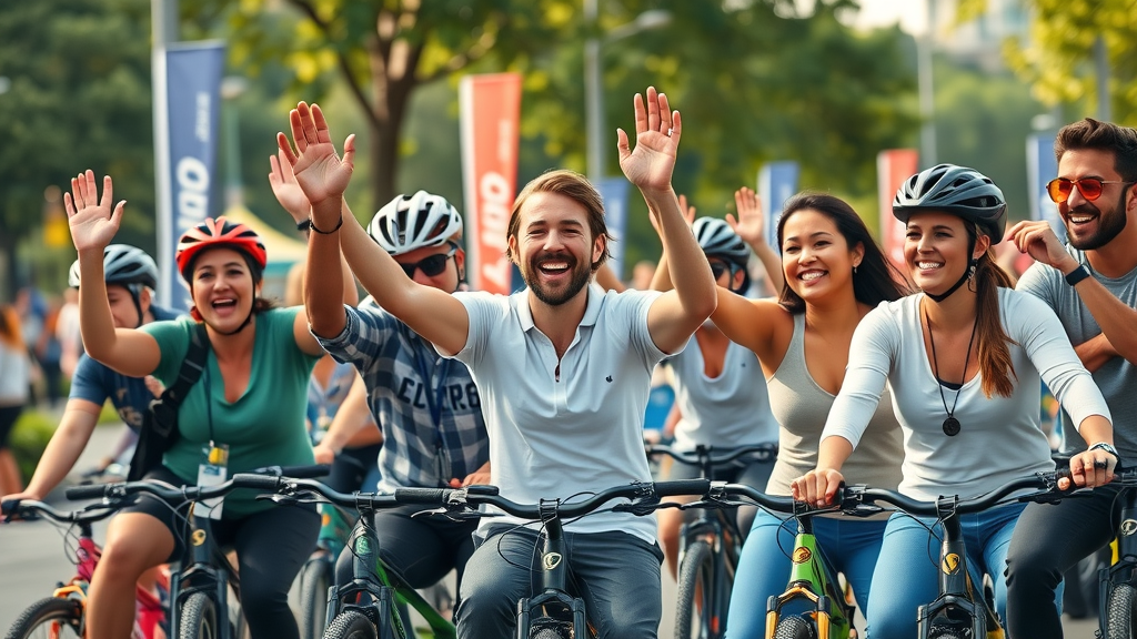 engaging group of diverse riders, smiling, interacting at a branded outdoor event, city park background with branded banners and bikes, vibrant colors, people raising hands excitedly