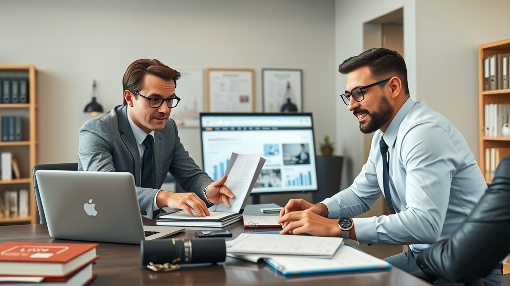 Dynamic law firm office, confident attorneys discussing digital marketing on laptops, modern law office, content marketing motorcycle law