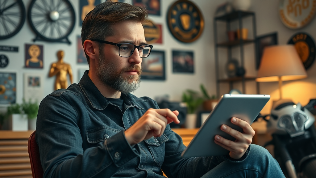 Thoughtful rider influencer considering engagement challenges analyzing social platform on tablet in a cozy home office.