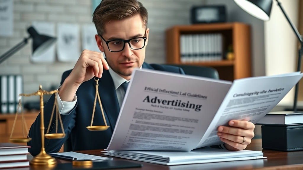 lawyer reviewing ethical legal marketing strategies and compliance guidelines at desk