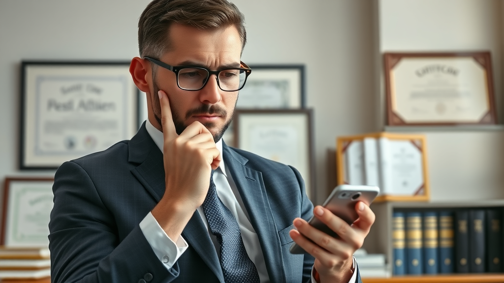 thoughtful attorney evaluating online profile on smartphone, law office, profile concern, tidy with certificates and law books