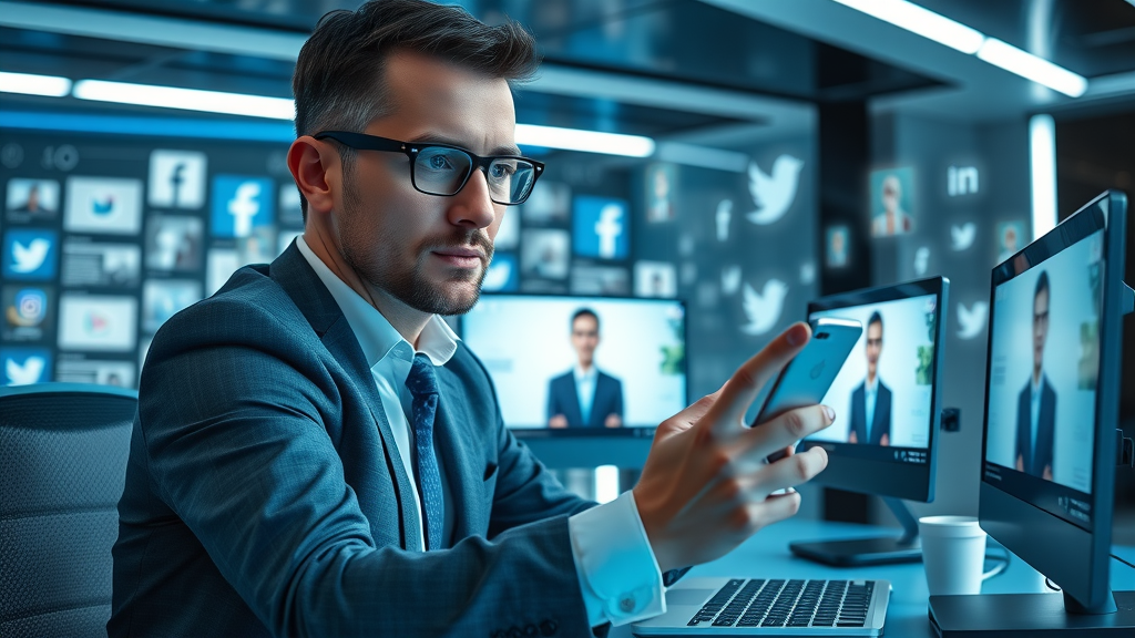 professional marketer posting lawyer branding through video on social media, workspace, multiple device screens, notification icons