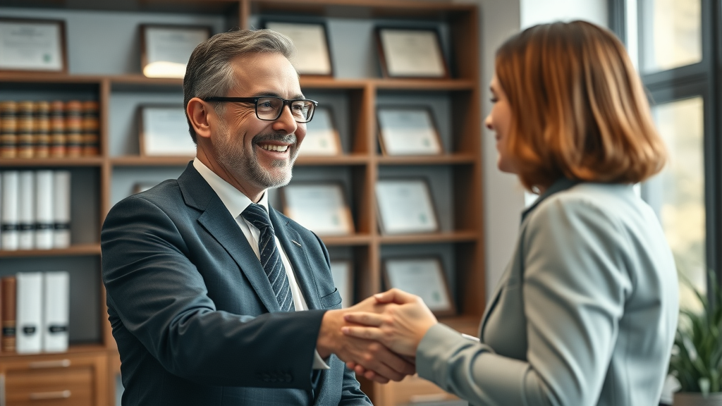 lawyer shaking hands with client social media content for lawyers testimonial