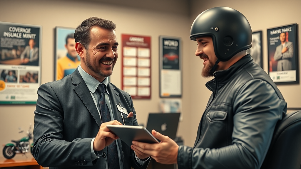 insurance agent discussing motorcycle insurance coverage options with a biker