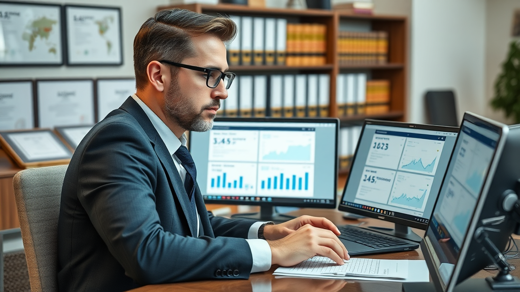 lawyer monitoring reviews on multiple platforms - laptop screens showing legal reviews, focused attorney, law books, digital dashboards, high fidelity