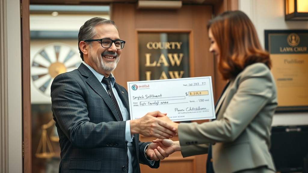 happy motorcycle accident client receiving check from attorney, law office, gratitude, targeted advertising motorcycle injury settlements