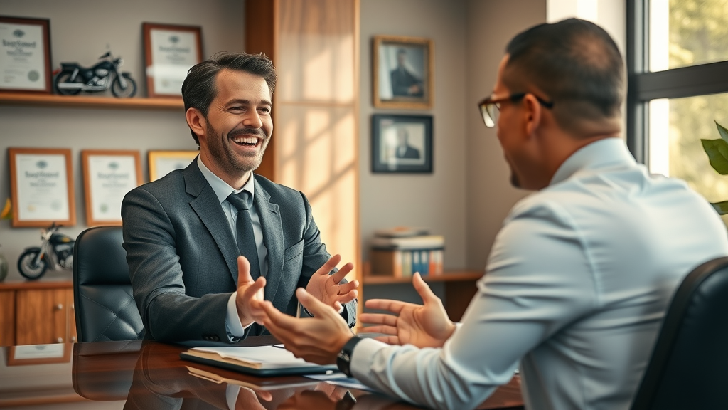 Motivated accident victim consulting with motorcycle accident lawyer for compensation