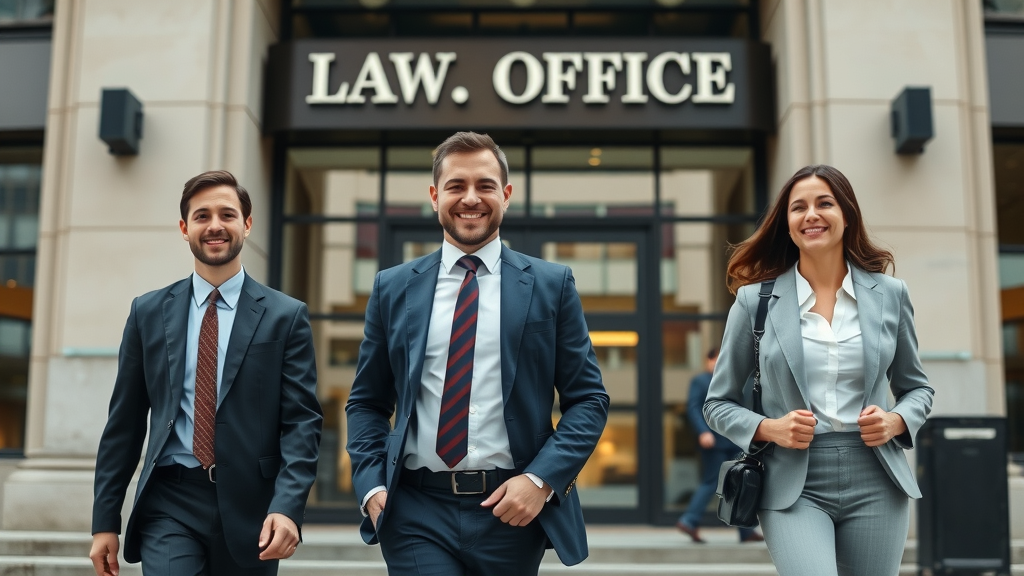 Professional law office exterior, confident legal professionals, lawyer online reputation management, urban courthouse background, modern architecture