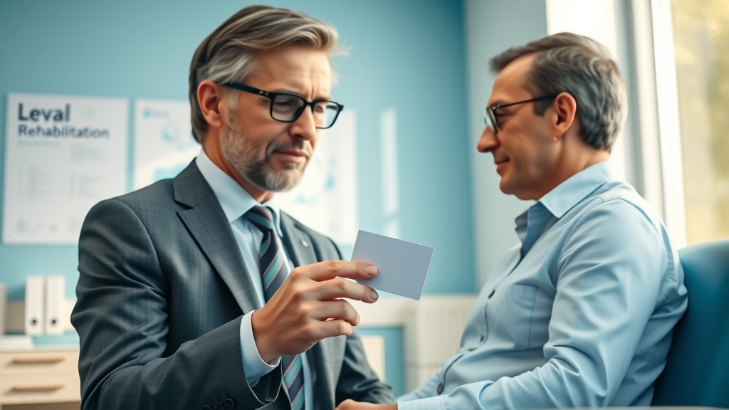 Compassionate motorcycle accident attorney offers help and business card to injured client in a rehabilitation facility
