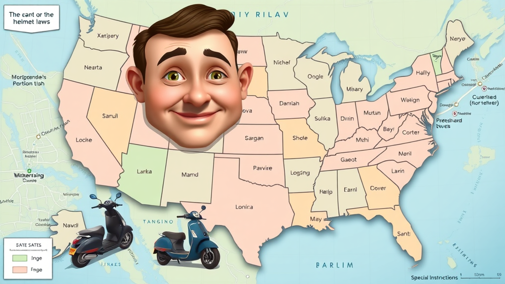 Color-coded map of US states showing universal, partial, and no motorcycle helmet laws.