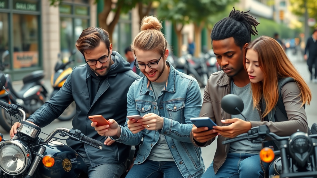 Engaged motorcycle riders researching motorcycle accident law and attorney promotions on their phones.