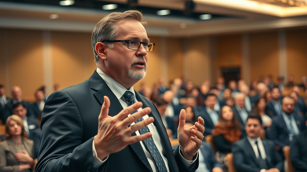 authoritative motorcycle accident lawyer speaks at a legal seminar, motorcycle accident attorney promotion