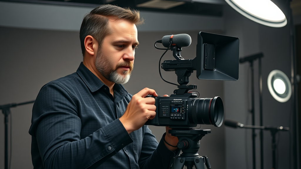 video production tools for personal injury lawyers: Videographer setting up lights for law firm video content