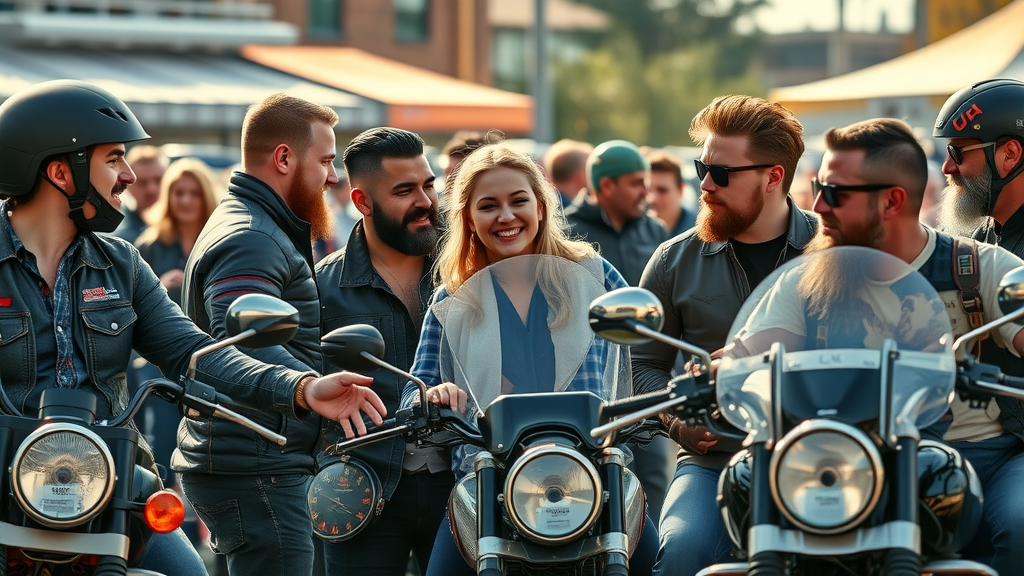 motorcycle rider brand engagement diverse group at bike meet passionate expressions urban event vibrant colors