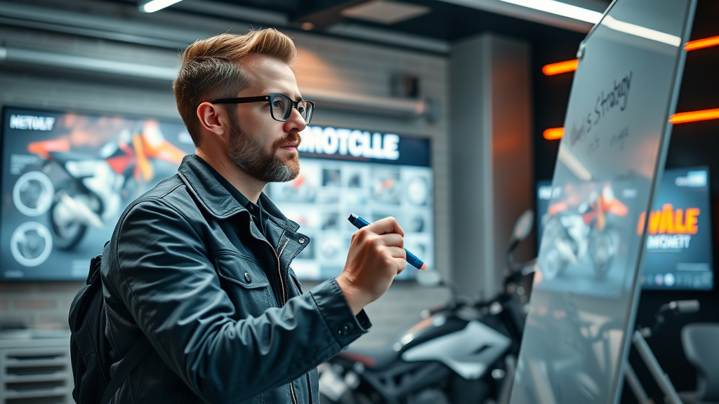 Confident motorcycle entrepreneur planning branding strategy, branding for motorcycle enthusiasts, creative studio, digital screens, strategic business growth
