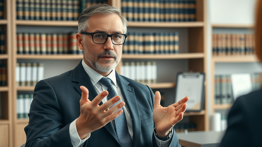 authoritative lawyer in professional attire discussing video marketing for lawyers strategy in a modern law office with bookshelves and legal documents