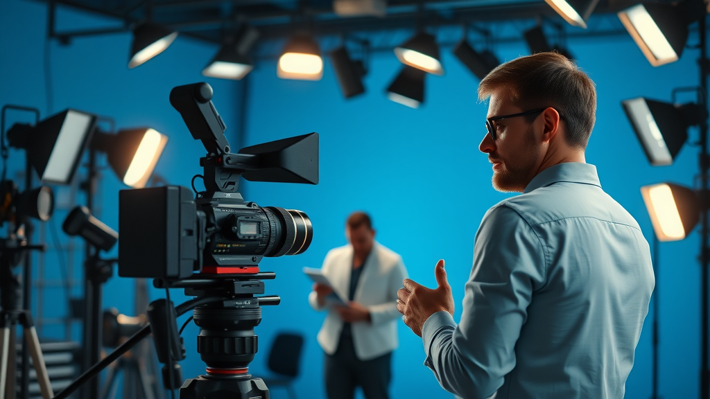 Lawyer on set with professional video film crew creating marketing video for motorcycle accident law