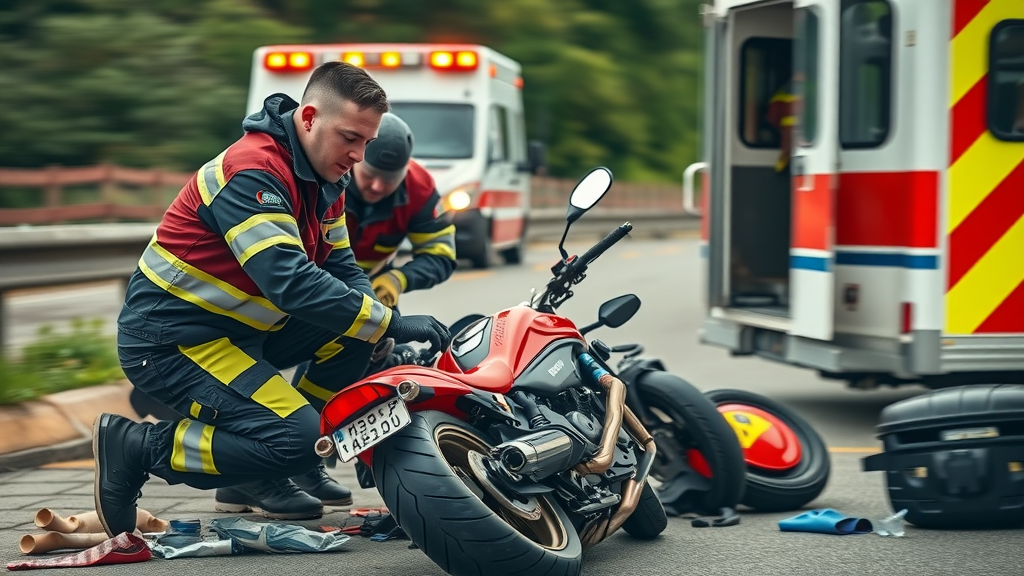 EMTs providing first aid to a motorcyclist at the roadside, photorealistic lifelike accident claim documentation in progress