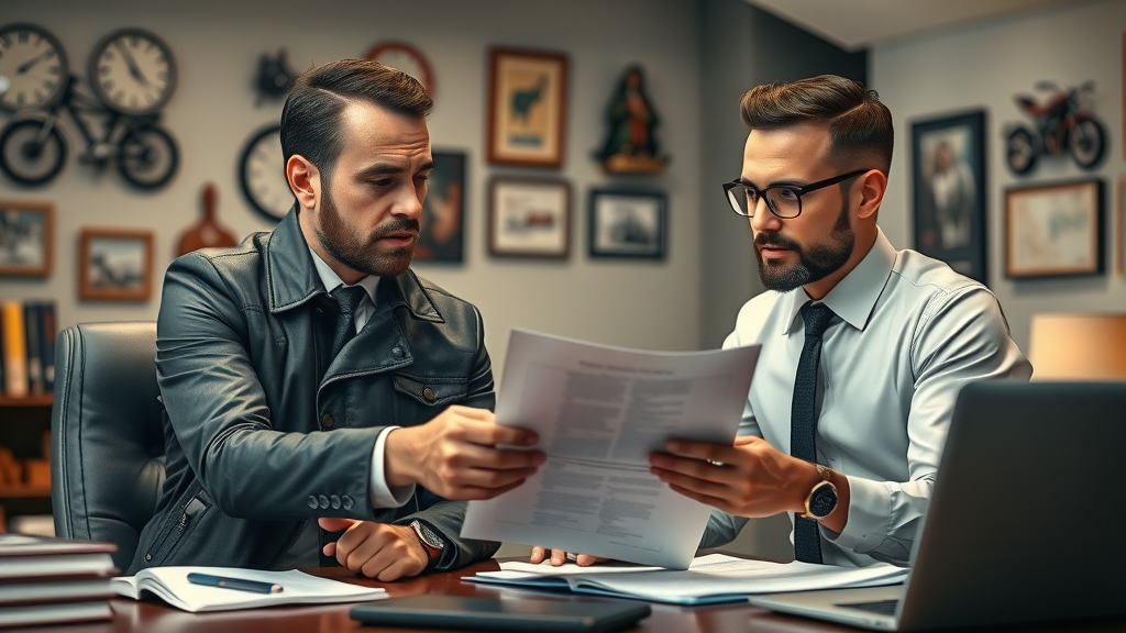 motorcycle legal rights attorney consultation - biker reviewing legal documents with attorney in office