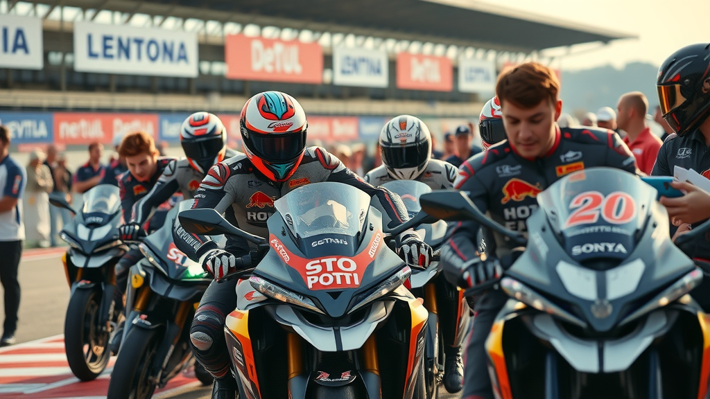 motorcycle event sponsorship energetic riders engaging with crowd, brand ambassadors handing out merchandise, sponsor banners at racetrack