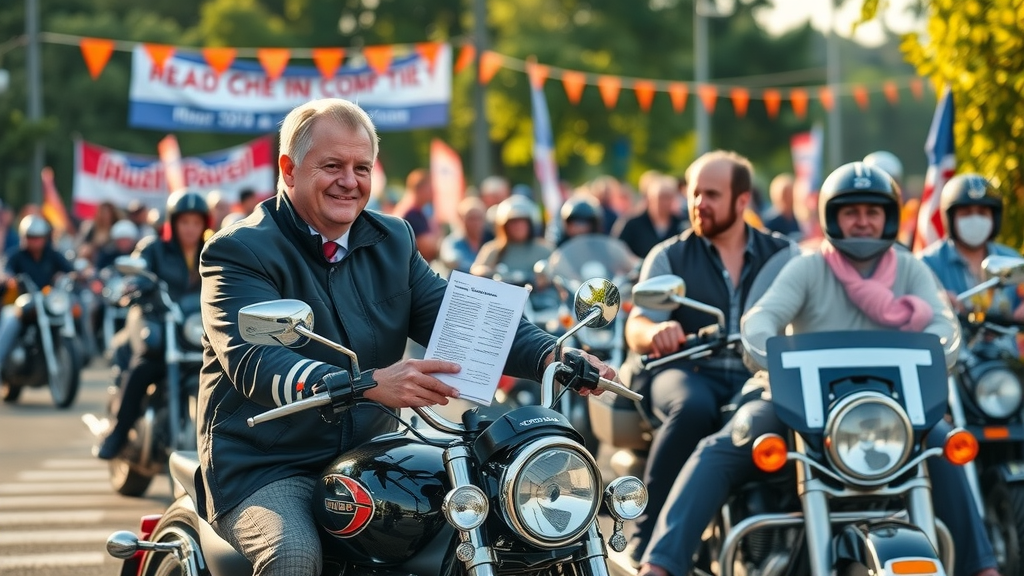 Lawyer participating in a community motorcycle ride, engaging local riders, and supporting accident prevention.
