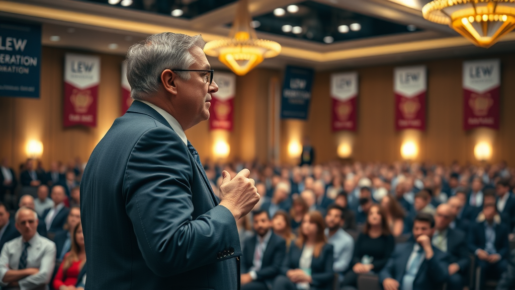 legal association keynote speaker presenting to a large audience at law firm event focusing on legal industry event promotion best practices