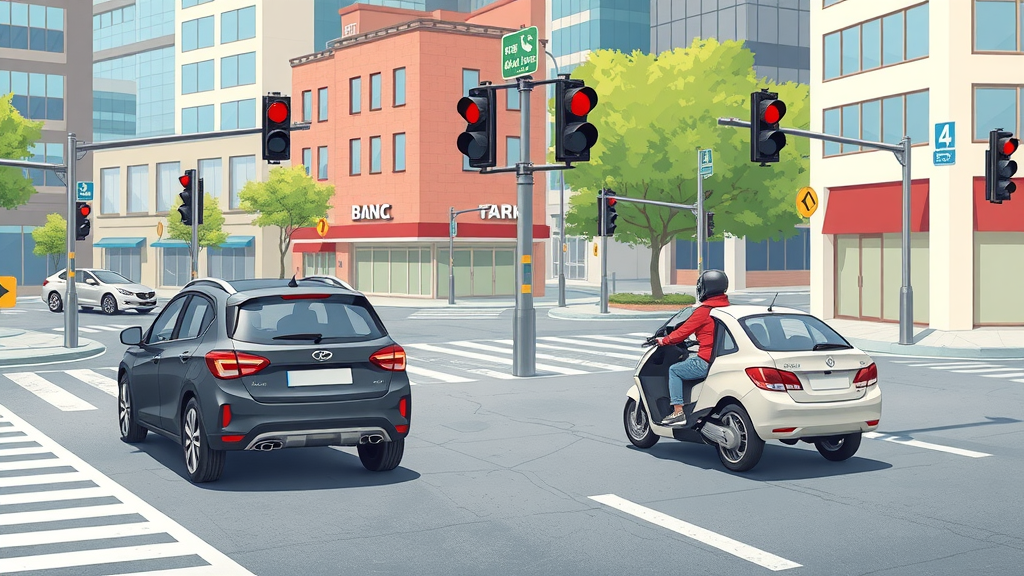 motorcycle legal rights right of way city intersection - 2 vehicles and motorcycle at traffic signal