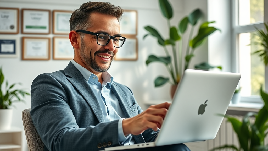 Digital marketing materials for law firm with blog posts and legal guides, professional reviewing on laptop, bright office, legal certificates, and blue accents