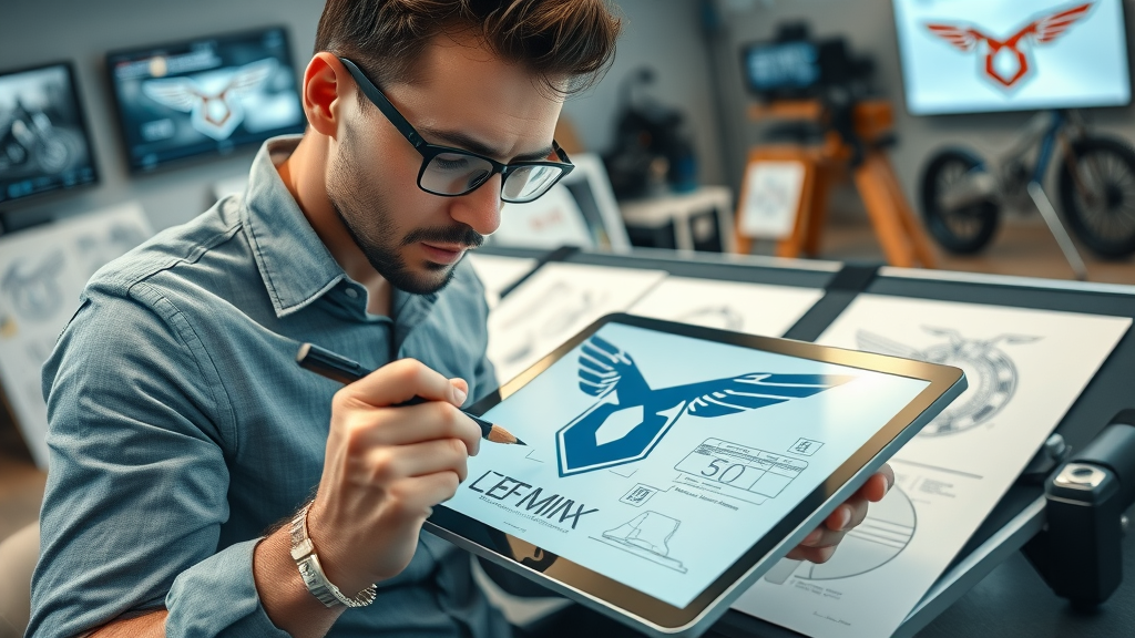 Designer sketching logo for motorcycle enthusiasts branding, modern studio, sketches, motorcycle parts, creative branding strategy, visual identity development