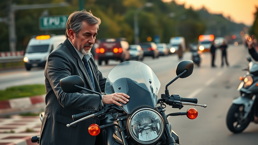 authoritative motorcycle accident scene with determined lawyer comforting injured motorcyclist, motorcycle legal support