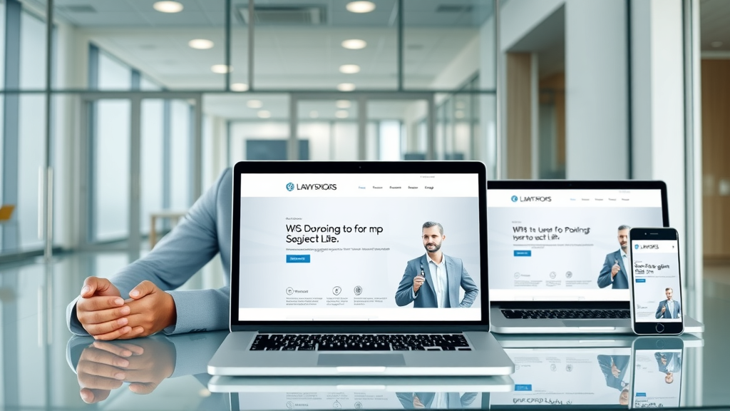 sleek modern law firm website displayed across laptop, tablet, and phone showing responsive web design