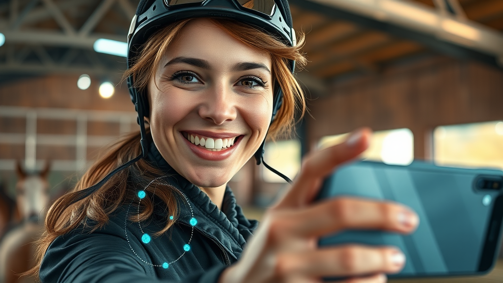 Professional equestrian athlete recording a video message for fans, demonstrating social media for rider brands in a modern stable