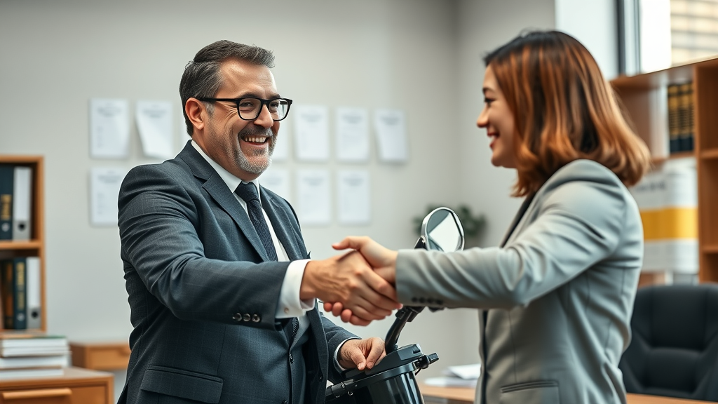 digital marketing for motorcycle attorneys, confident motorcycle attorney shaking hands with a client in a modern law office, legal documents, law books, and natural daylight