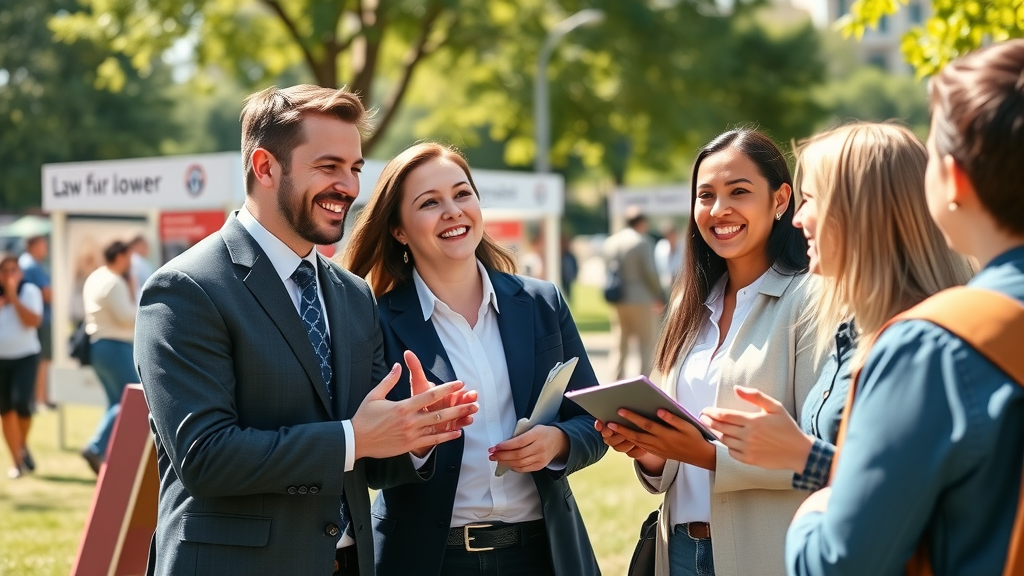 Law firm lawyers engaging with local community at outdoor event - community engagement for law firms