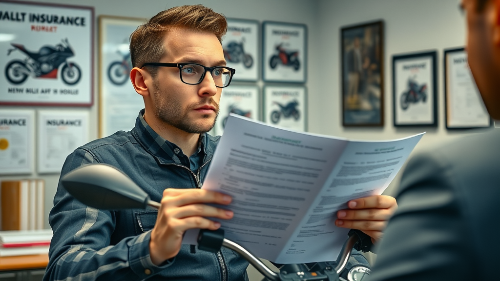 motorcycle rider discussing insurance coverage and legal rights with lawyer
