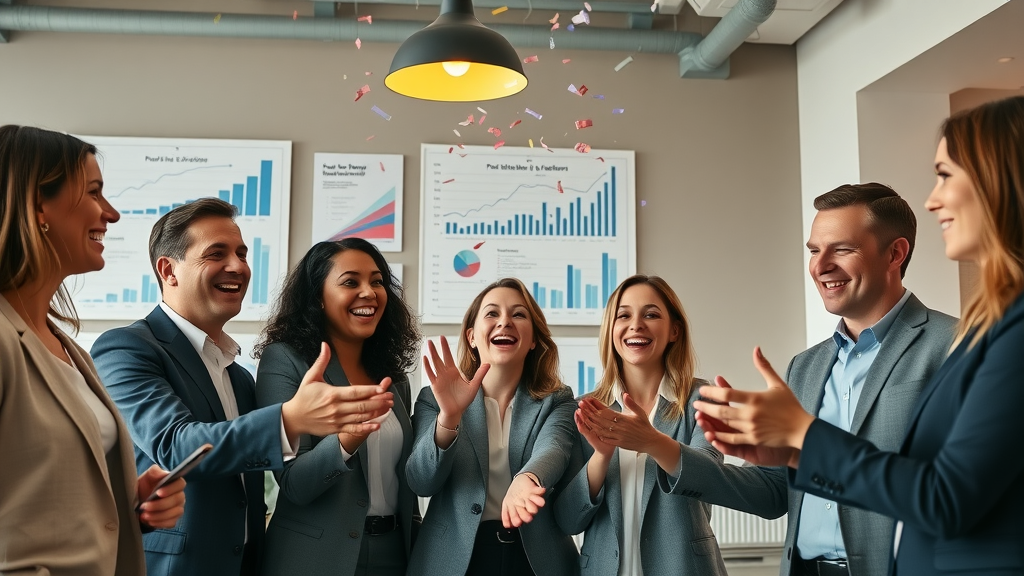 lawyer lead generation helps law firm teams celebrate client growth, wall-mounted growth charts and digital marketing graphics