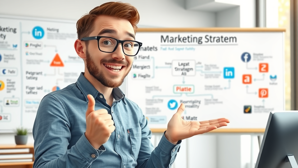 insightful marketing expert presenting steps of paid ad strategy on a whiteboard surrounded by digital marketing platform logos