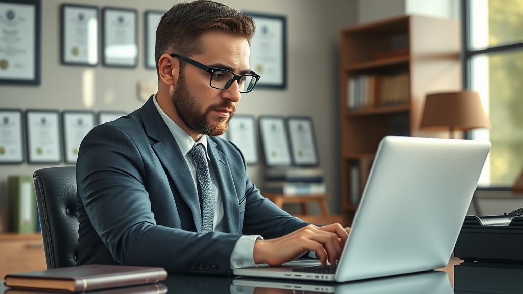 professional attorney at a desk, searching for law firm online, local SEO for law firms, office background with law books
