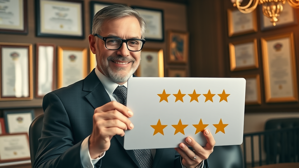accomplished lawyer receiving five-star review notification, review management, law firm, motorcycle accident lawyer marketing