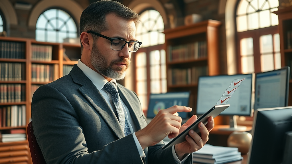 lawyer lead generation provider checklist, operations manager reviewing checklist for law firm in professional office