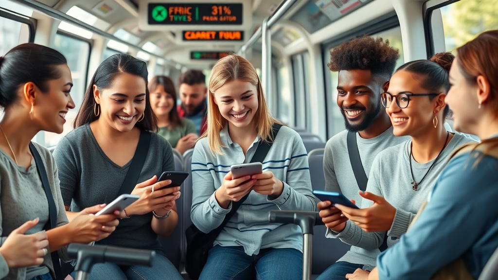 engaged diverse group of riders, smiling, discussing new product features, Photorealistic High Fidelity Lifelike, modern urban transit setting with public bikes or e-scooters in the background, highly detailed, people using mobile devices and giving feedback, crisp colors, natural daytime lighting, shot with a 35mm lens.