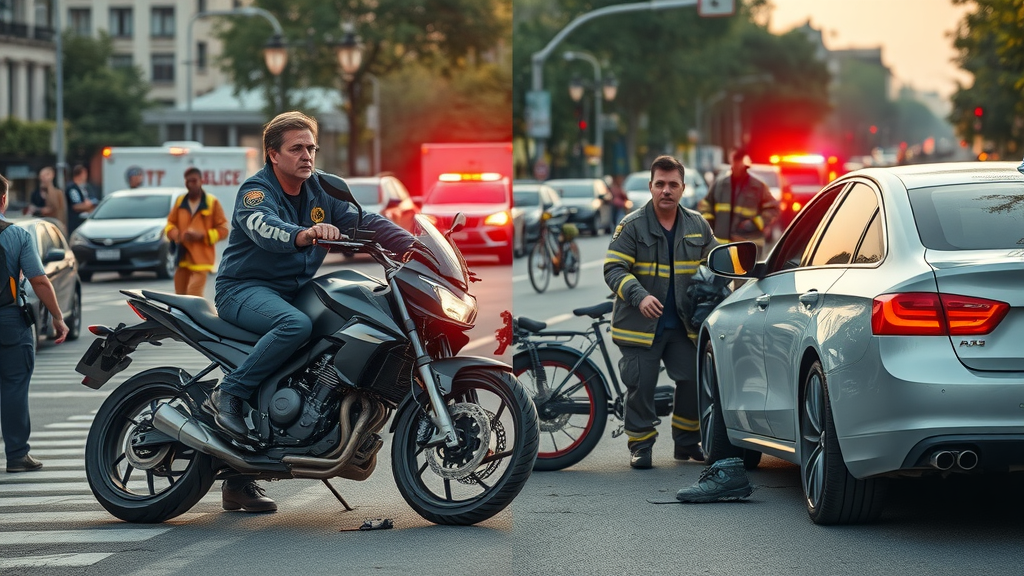 motorcycle safety laws accident scene, first responders assist motorcyclist at busy urban intersection, damaged motorcycles and cars, emergency lights flash, medical personnel provide care, photorealistic lifelike scene