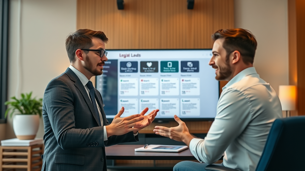 Legal marketing consultant presenting online lead generation service portfolio to law firm client