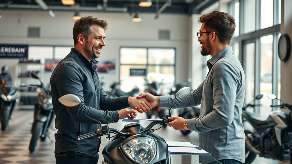 motorcycle dealership staff assisting young buyer with motorcycle insurance requirements documents