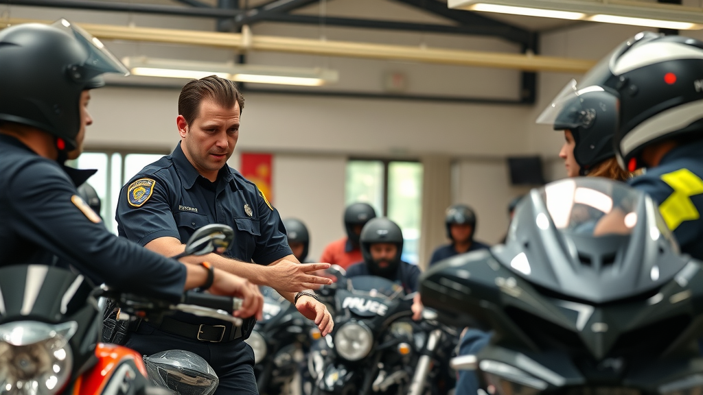motorcycle safety workshop with riders and police officer collaborating, helmets, learning environment, hands-on demonstration