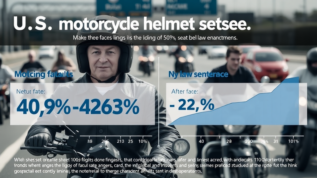 U.S. motorcycle helmet usage statistics and fatality reductions, photorealistic highway scene.