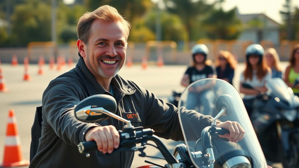 Motorcycle safety instructor teaching safe following distance and motorcycle traffic laws on training course